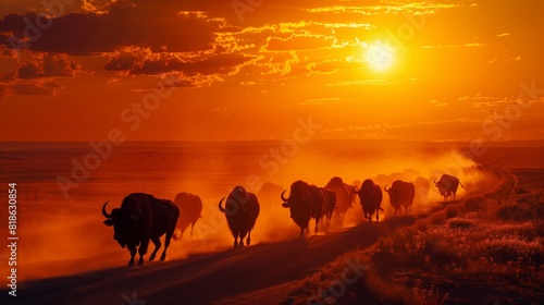 A majestic herd of buffalo crossing a dusty western road  their powerful silhouettes silhouetted against the fiery hues of sunset.