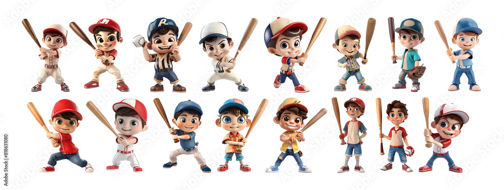 3D Rendering Pack of a Cartoon of Baseball Player on Transparent Background - Ai Generated