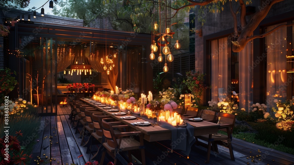 A modern backyard transformed into a chic outdoor dining space, complete with a long banquet table adorned with flickering candles and fresh floral arrangements for an intimate birthday dinner.