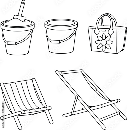 Set of beach chair, bag summer, sand buckets coloring page for kids. Summer outline doodle colouring page isolated on white background. Summer coloring book for kids