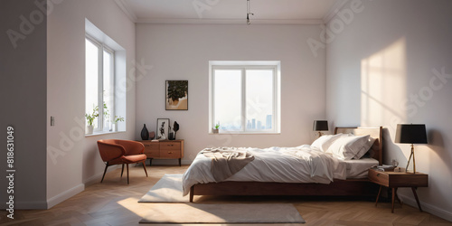 Modern Minimalistic Bedroom with Bed and Lamps. A simply furnished bedroom with a bed, two lamps on nightstands, and a window. © chick_david