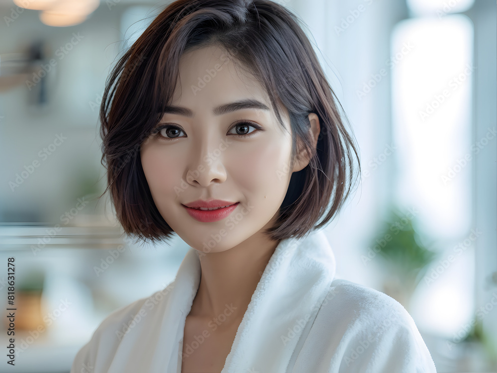 Fototapeta premium asian woman in a white robe is posing for a picture