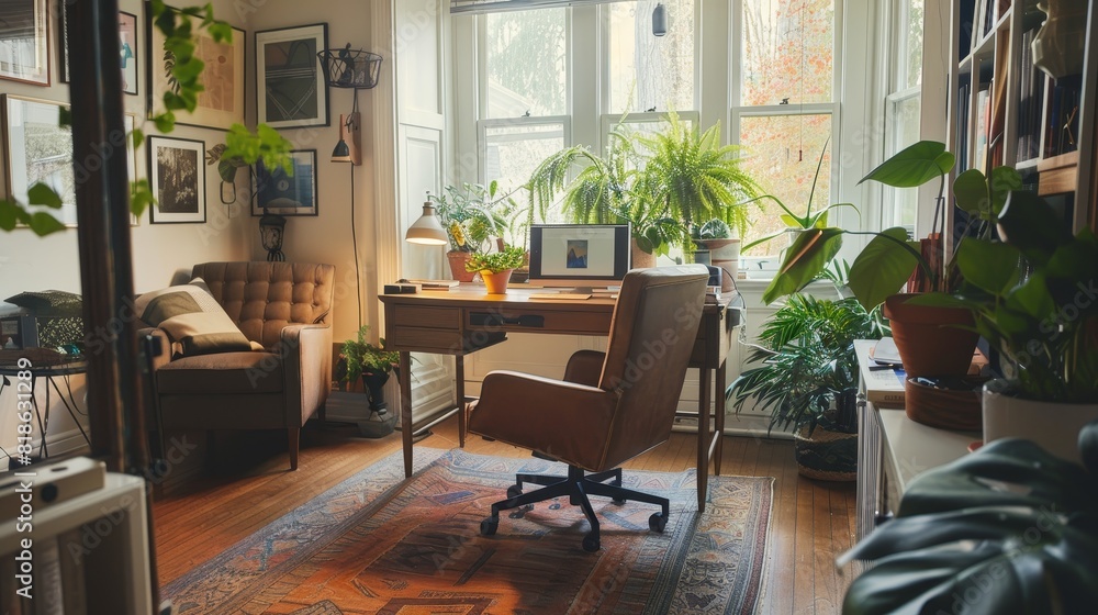 Fototapeta premium Cozy Sunroom with Abundant Greenery and Comfortable Seating, Ideal for Home Decor and Lifestyle Magazines