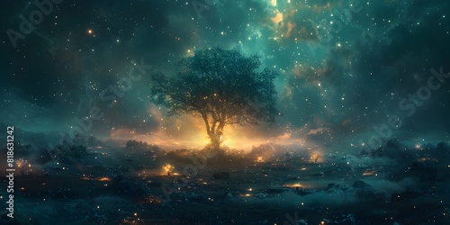 Ethereal Fantasy Landscape with Glowing Mystical Tree under Starry Night Sky