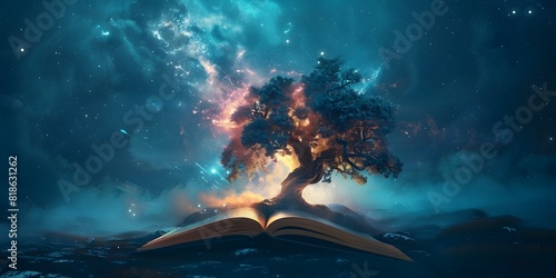 Fantasy Mythology Tree of Knowledge Emerging from Magical Book in Cosmic Landscape photo