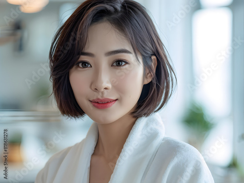 asian woman in a white robe is posing for a picture