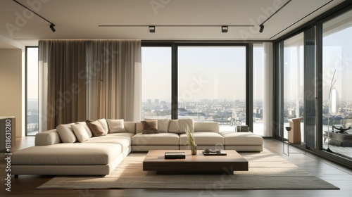 Modern Living Room with Panoramic City View  Neutral Tones  and Plush Sofas  Perfect for Real Estate and Interior Design Publications