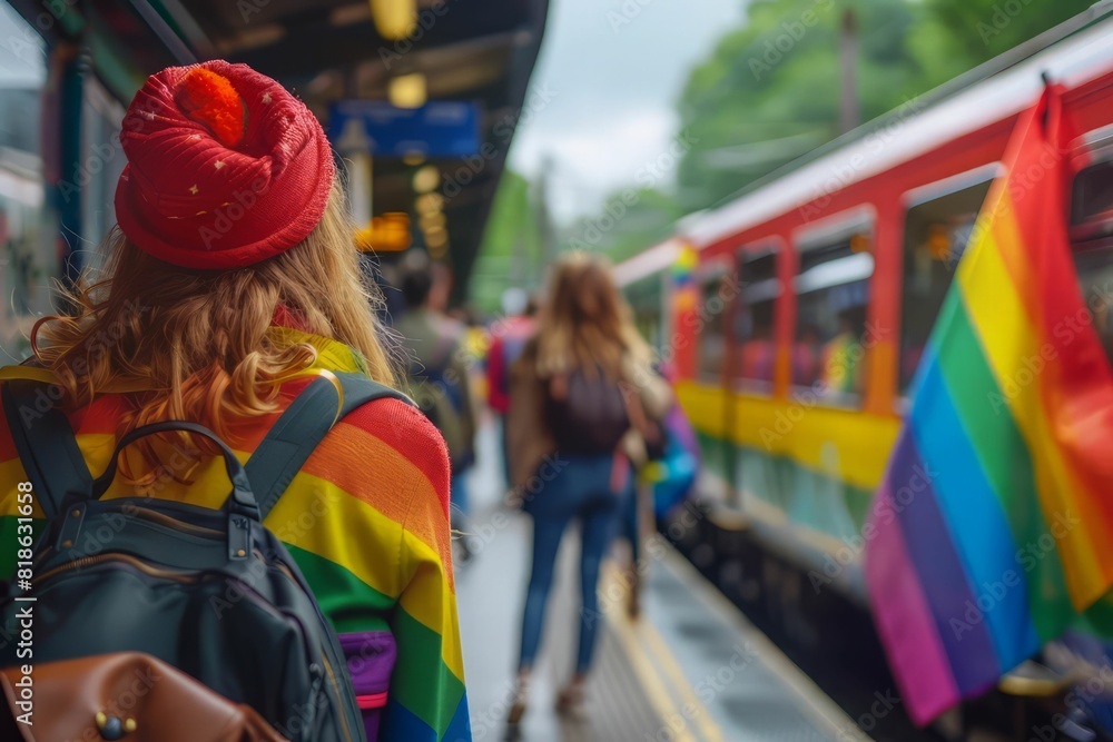 A young woman wearing a rainbow pride flag as a cape stands on a train platform, waiting for a train.