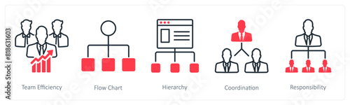 A set of 5 Business and Office icons as team efficiency, flow chart, hierarchy