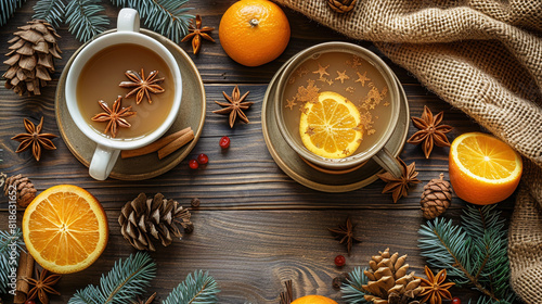 The warmth of winter hot drinks with a texture flat lay photography top view 