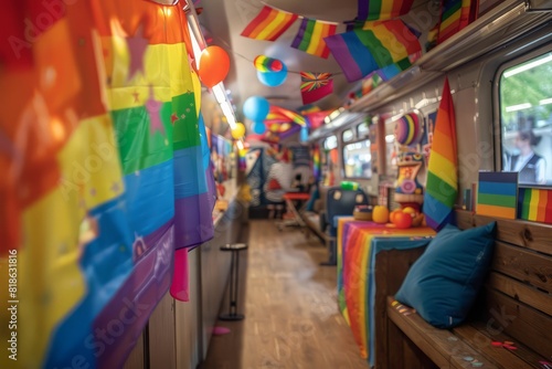 The interior of a colorful and festive party bus or train car, decorated with rainbow flags and balloons.