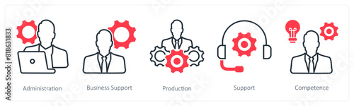 A set of 5 Business and Office icons as administration, business support, production