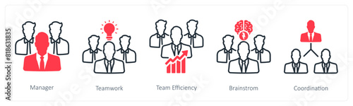 A set of 5 Business and Office icons as manager, teamwork, team efficiency