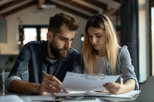 Young Caucasian Couple Carefully Examining Real Estate Contract for Investment Opportunities