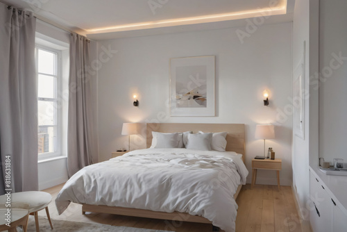 Modern Minimalistic Bedroom with Bed and Lamps. A simply furnished bedroom with a bed  two lamps on nightstands  and a window.