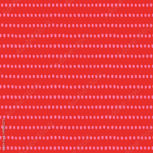 Abstract spots and shapes lines minimalist tribal stripe seamless vector pattern. Boho bead hot pink on red background.