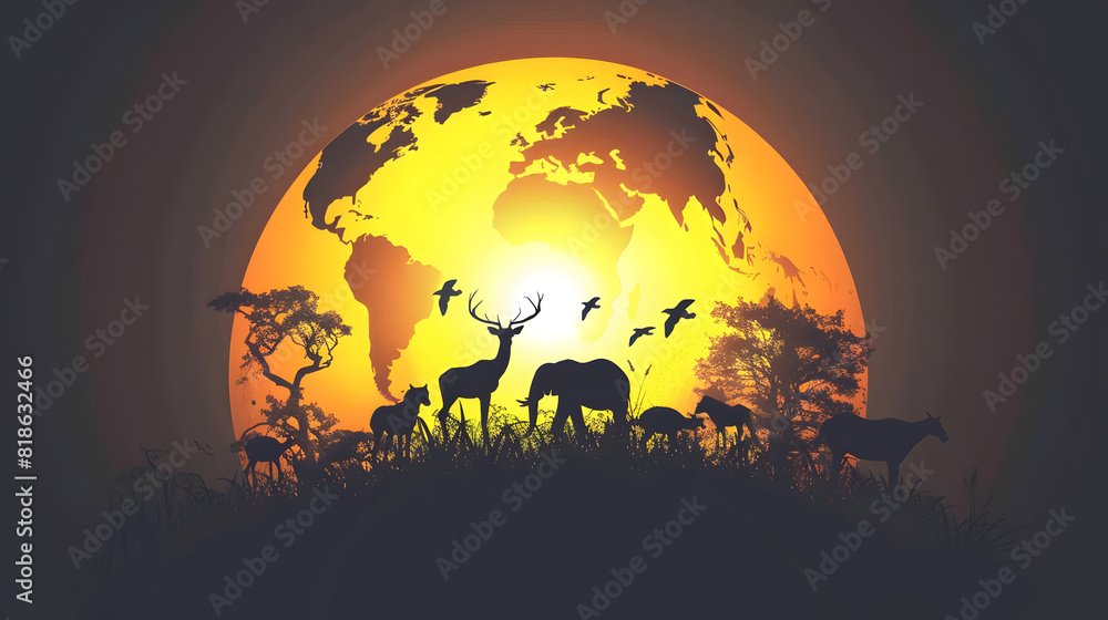A globe and silhouettes of trees and animals 
