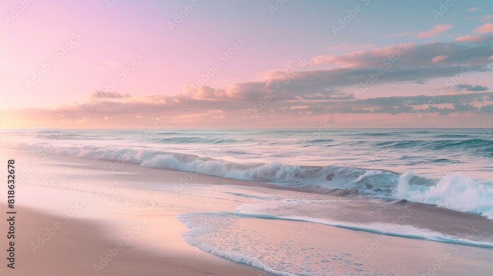 A pristine beach at dawn, with soft pastel hues painting the sky above and gentle waves lapping at the shore.