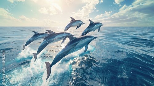 A pod of dolphins leaping gracefully out of the azure waters of the ocean, their sleek bodies glistening in the sunlight.
