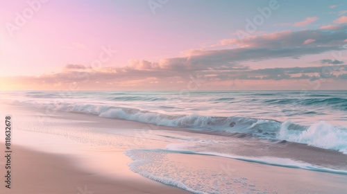 A pristine beach at dawn, with soft pastel hues painting the sky above and gentle waves lapping at the shore.