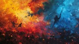 Oil Painting Depicting War and Destruction: Soldiers Amidst Chaos, Flames, and Violence - A Historical Reflection on Pain and Emotion