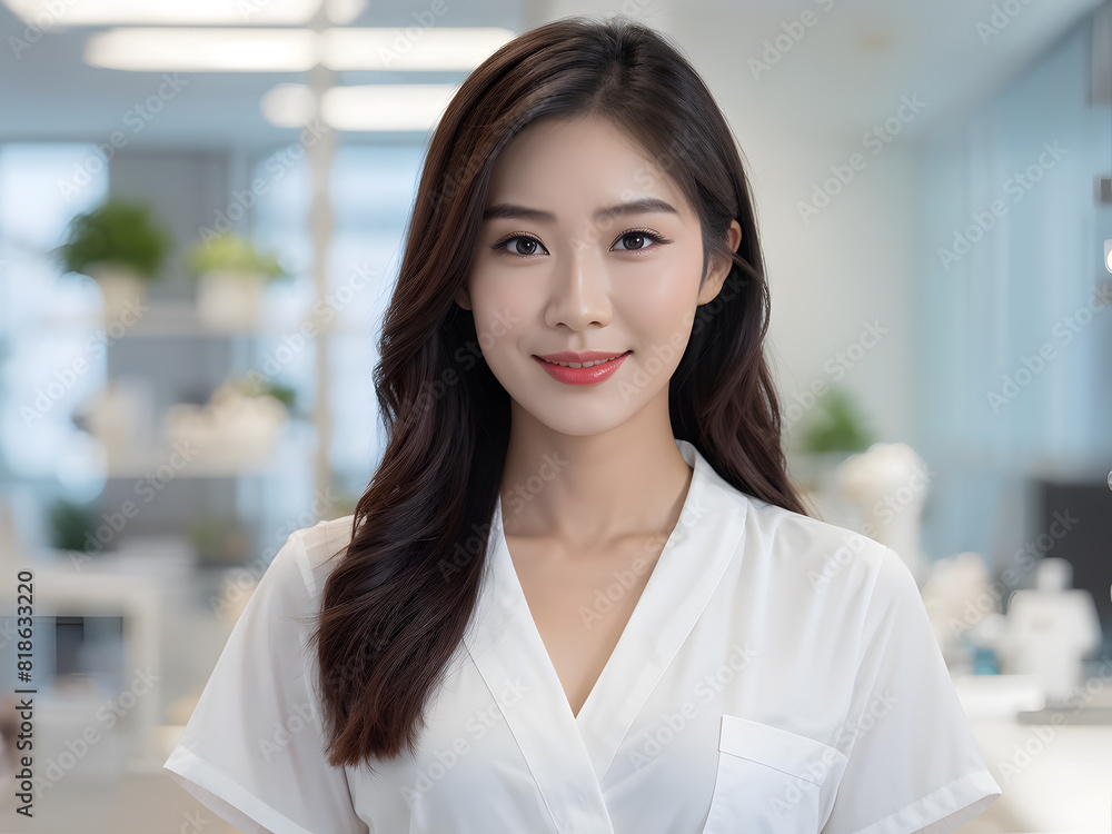 asian woman in a white shirt is standing in a room asian woman in a white shirt is standing in a room