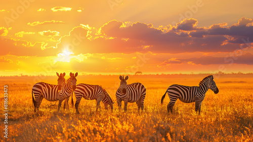 zebras in a grassy field at sunset.