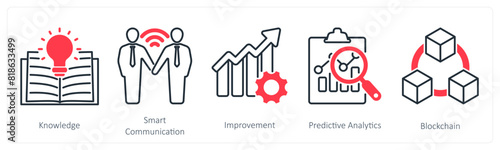 A set of 5 Industrial icons as knowledge, smart communication, improvement