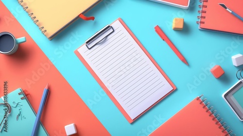 A cartoon rendering of writing pads in flat design, top view, focusing on a notetaking theme photo