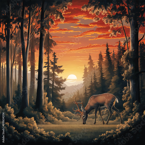 Free vector Landscape with forest at sunset with deer
