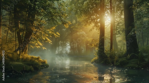 A secluded forest glen bathed in the soft light of dawn  its tranquil beauty undisturbed by the outside world.
