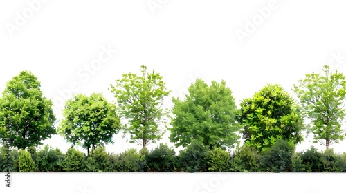 A serene row of green trees standing against a clear white background  illustrating a peaceful and natural landscape setting.