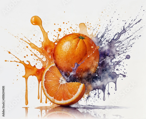 Abstract watercolor Fresh orange slice splashing in water creates a burst of citrusy liquid