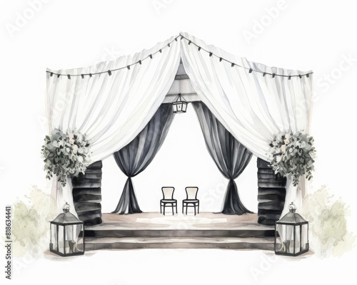 Elegant wedding ceremony stage  adorned with white drapes  flowers  and lanterns. Perfect for an outdoor or indoor event.
