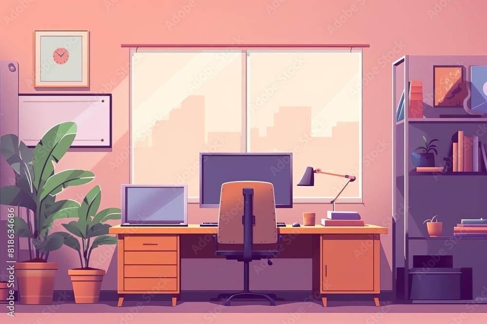 Modern home office setup with a desktop and laptop, bookshelves, plants, and cityscape view through the window in warm sunlight. Modern home office setup with a desktop and laptop, bookshelves, plants, and cityscape view through the window in warm sunlight.