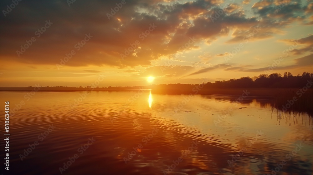 Obraz premium A serene sunrise over a calm lake, reflecting the warm colors of the morning sky