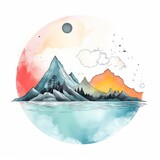 Vector illustration of mountains, lake, and sky in watercolor style, displaying a serene and picturesque landscape.