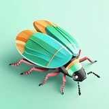 Vibrant 3D illustration of a colorful beetle with vivid green, orange, and blue wings on a light green background.