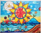 Vibrant abstract artwork featuring a radiant sun, colorful landscape, and whimsical celestial elements.