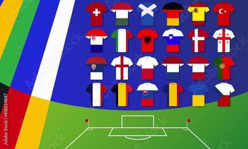 T-shirts with flags of the participating national teams of the european football competition on sports background