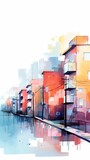 Watercolor painting of a serene urban street with colorful buildings, reflecting on a calm water surface. Artistic cityscape illustration.