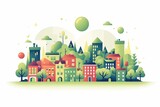 Whimsical illustration of a colorful village surrounded by greenery, featuring vibrant buildings and trees, perfect for creative design projects.