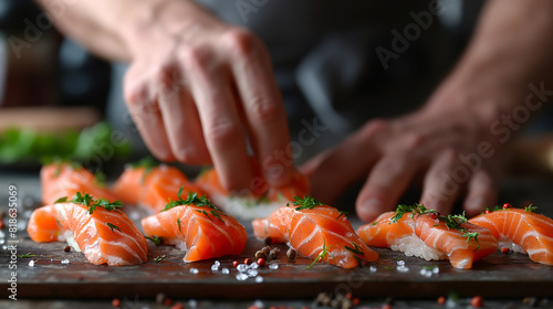 Sea cuisine, Professional cook prepares pieces of red fish, salmon, trout with vegetables.Cooking seafood, healthy vegetarian food and food on a dark background. Horizontal view. Banner.