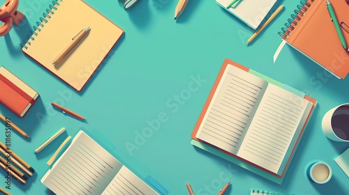 Craft a cartoon depiction of writing pads in flat design, top view, centered on notetaking in triadic colors photo