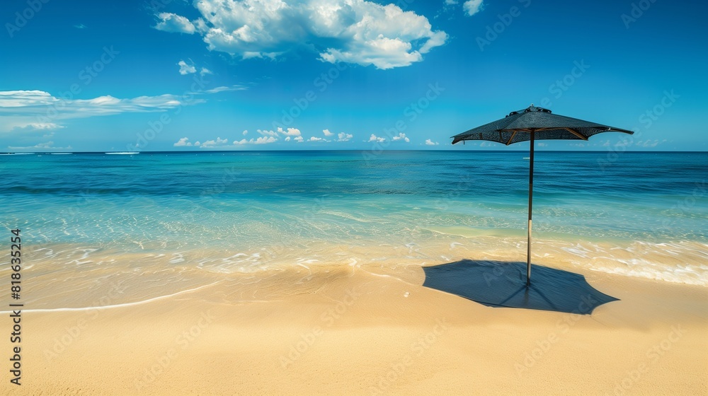 A solitary beach umbrella casting a shadow on untouched shoreline beneath a vivid azure sky.