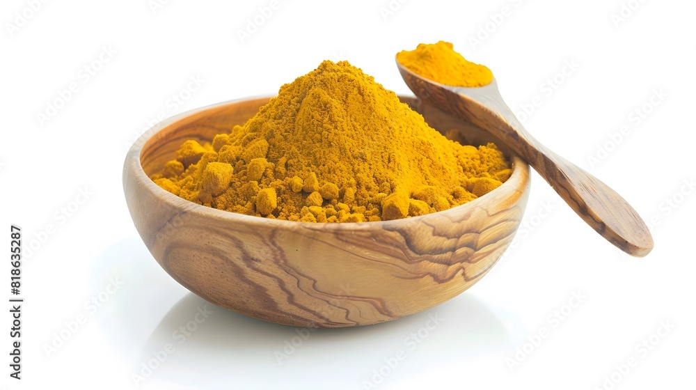 Turmeric powder in wooden bowl Turmeric powder in wooden bowl