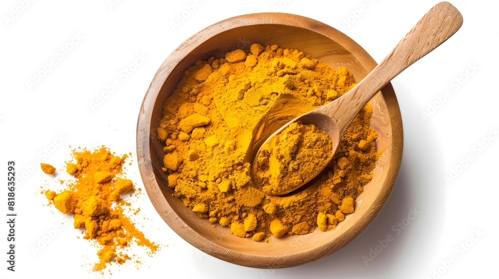 Turmeric powder in a wooden bowl Turmeric powder in a wooden bowl