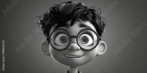 Witziges männliches Cartoon Gesicht mit großen Glubbschis und Brille lacht in schwarz weiß, ai generativ photo