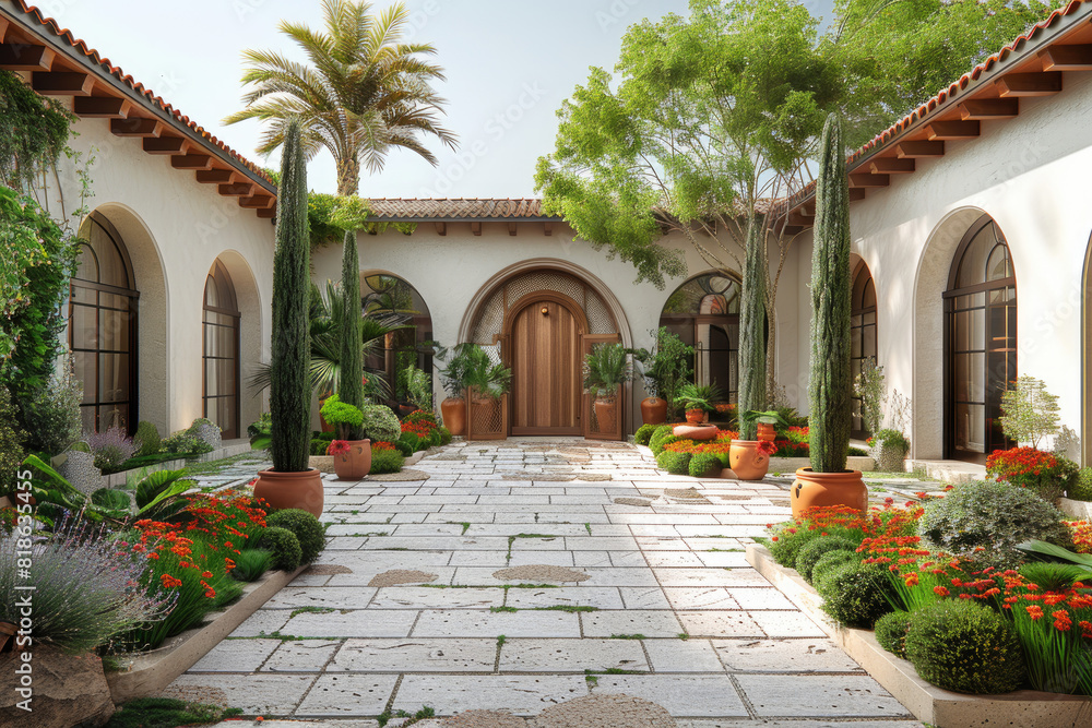 3D rendering of a Spanish-style courtyard with arched doorways and terracotta pots, green plants, stone pavers, arches, cypress trees, wood double doors. Created with Ai