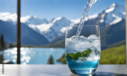 A cup of crystal mineral drinking aqua water. Organic pure fresh natural water. Healthy refreshing drink, natural snow mountain scenery background, ai generative